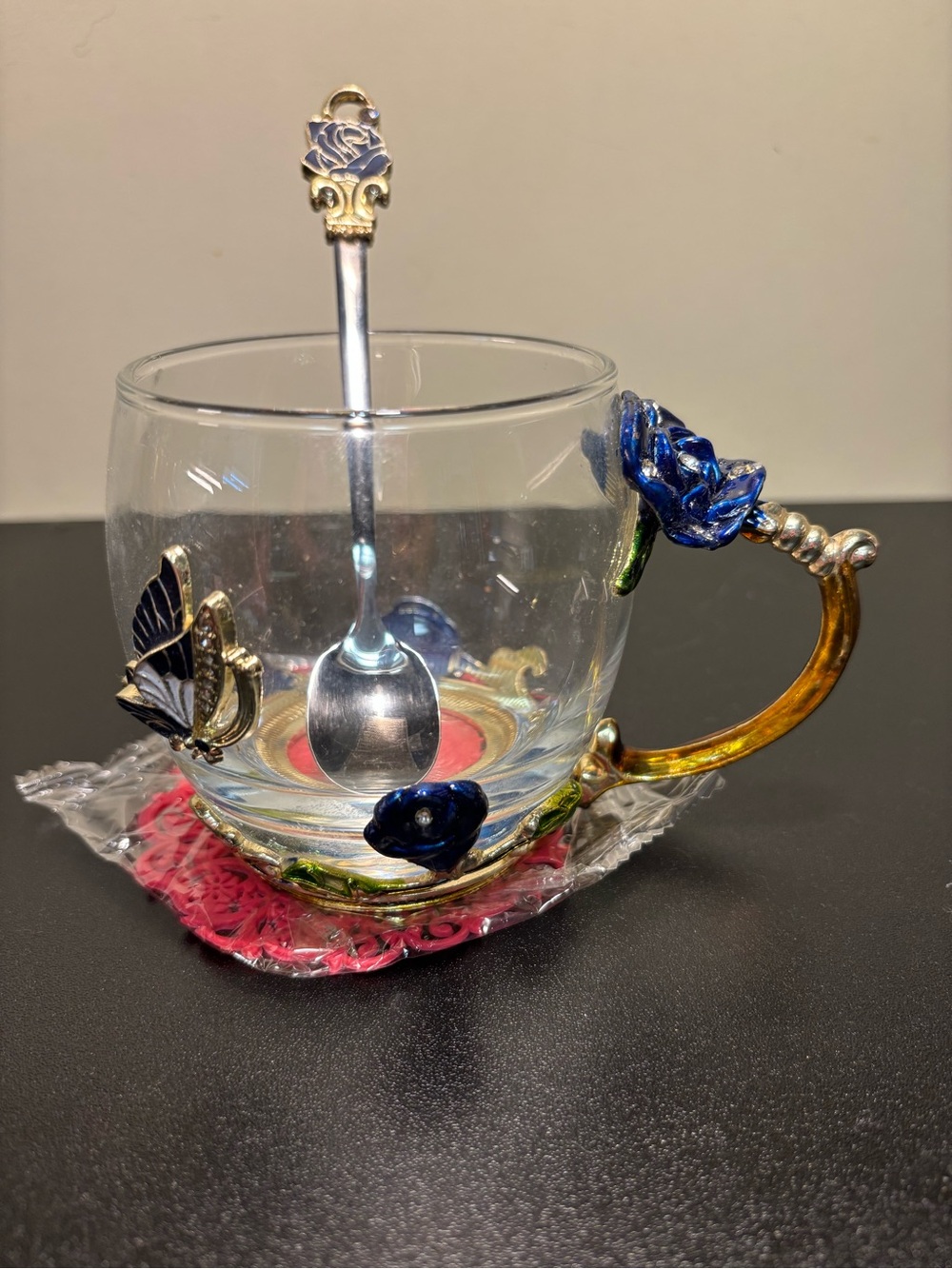 Decorative Blue Rose Glass Tea Cup with Gold Handle - Home Accents